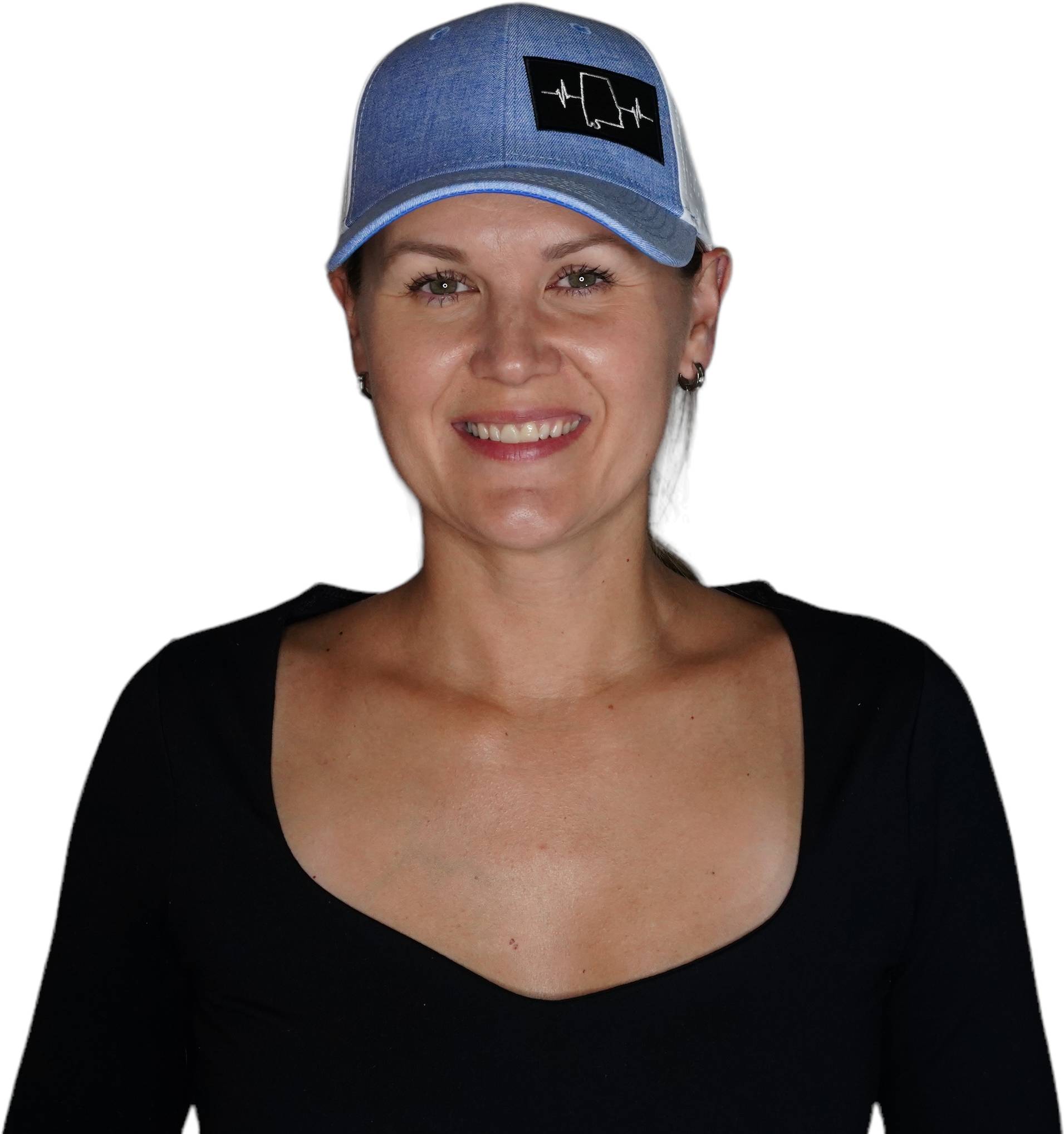 The Heartbeat Brand Alabama Hat - Low Profile - Ponytail - Light Blue / White - Laser Mesh — detail close-up