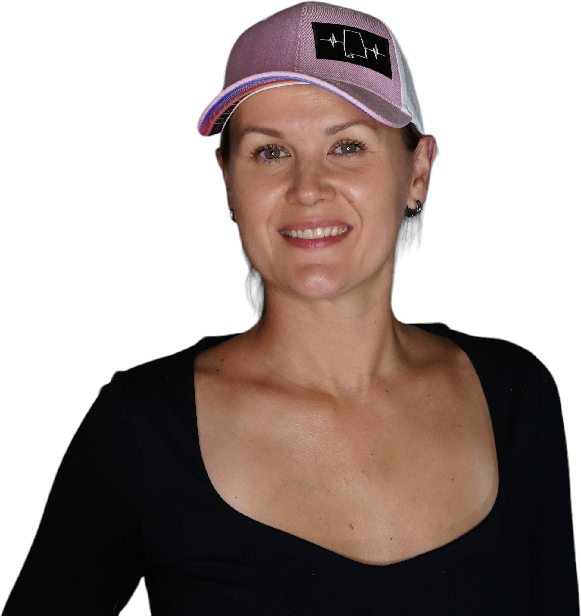 The Heartbeat Brand Alabama Hat - Low Profile - Ponytail - Pink / White - Laser Mesh — detail close-up