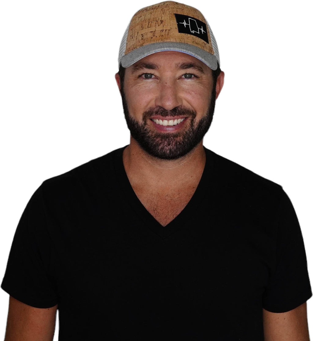 The Heartbeat Brand Alabama Hat - Low Profile - Cork - Heather Gray / Gray - Trucker Mesh — detail close-up