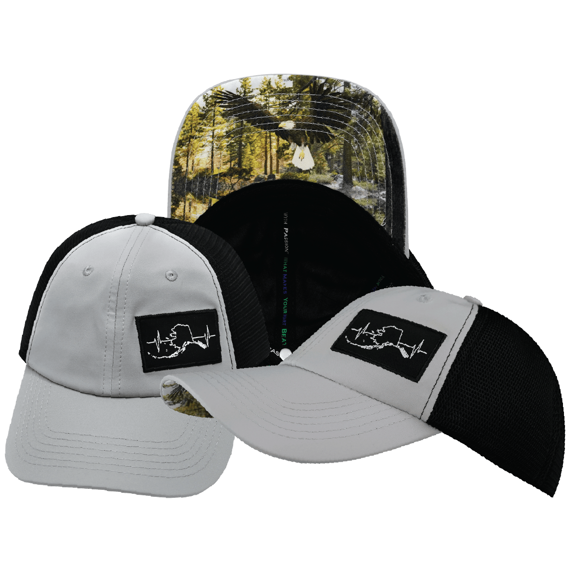 The Heartbeat Brand Alaska Dad Hat — Gray / Black / Soft Trucker Mesh — main product shot
