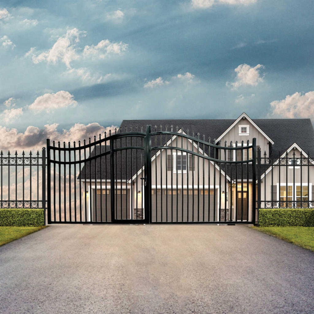 [12-18FT] Heavy-Duty Vienna-Style Steel Dual-Swing Driveway Gate With Built-In Pedestrian Door (SAK75103) – SAKSBY WHOLESALE,