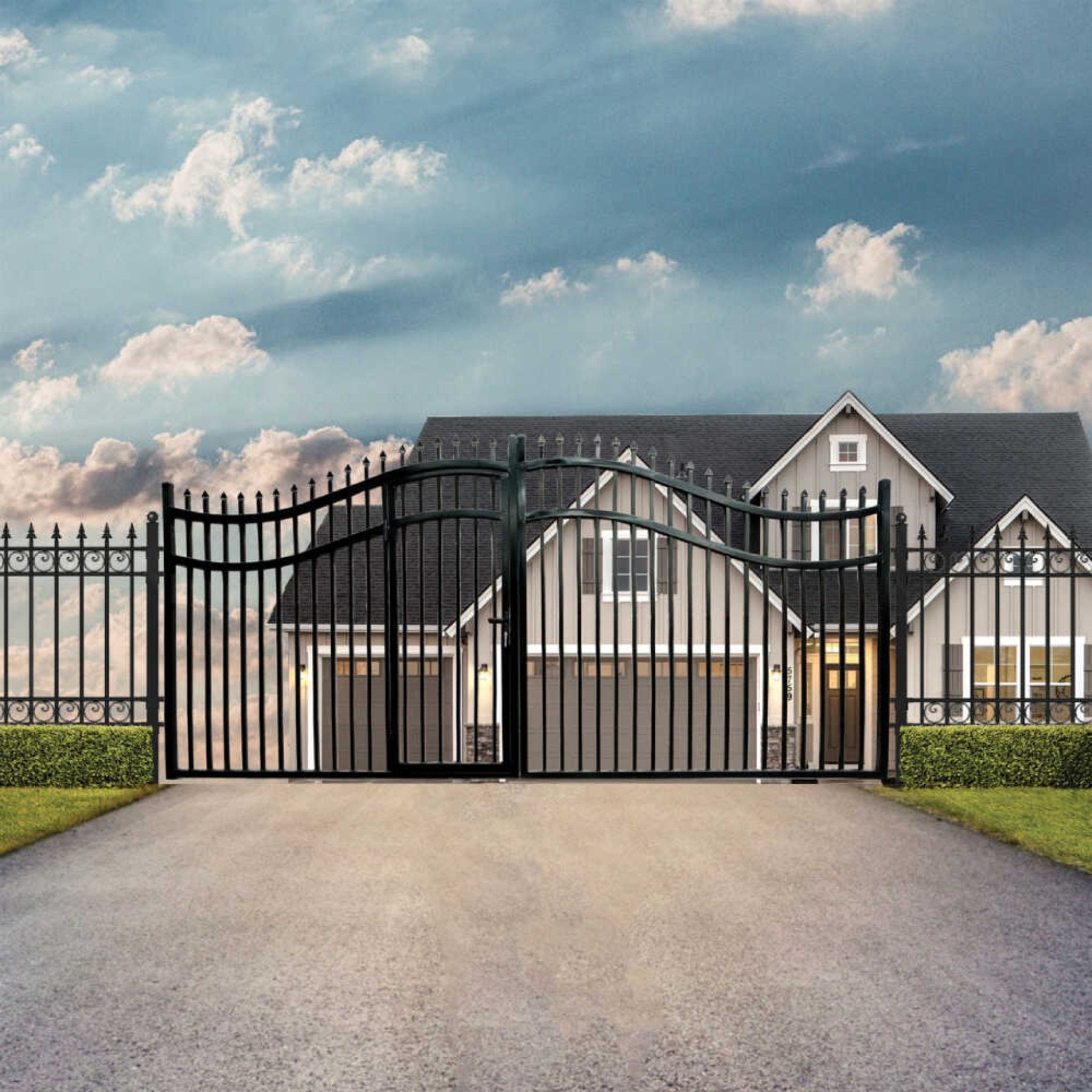 [12-18FT] Heavy-Duty Vienna-Style Steel Dual-Swing Driveway Gate With Built-In Pedestrian Door (SAK75103) – SAKSBY WHOLESALE,