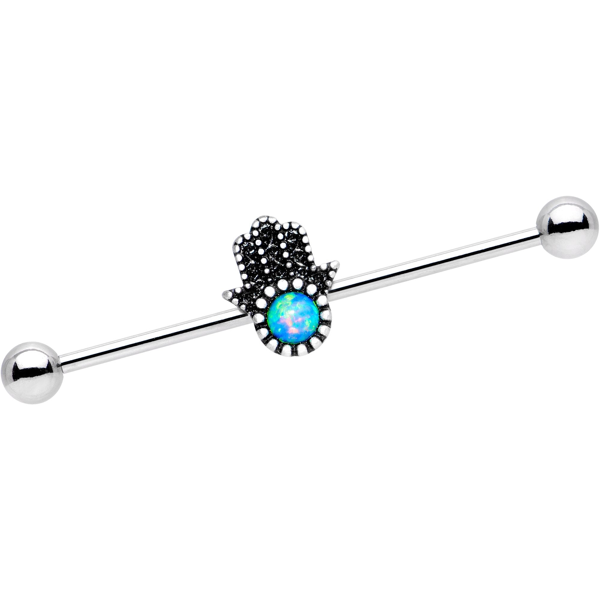 BodyCandy 14G Blue Synthetic Opal Hamsa Hand Industrial Barbell 38mm — main product shot