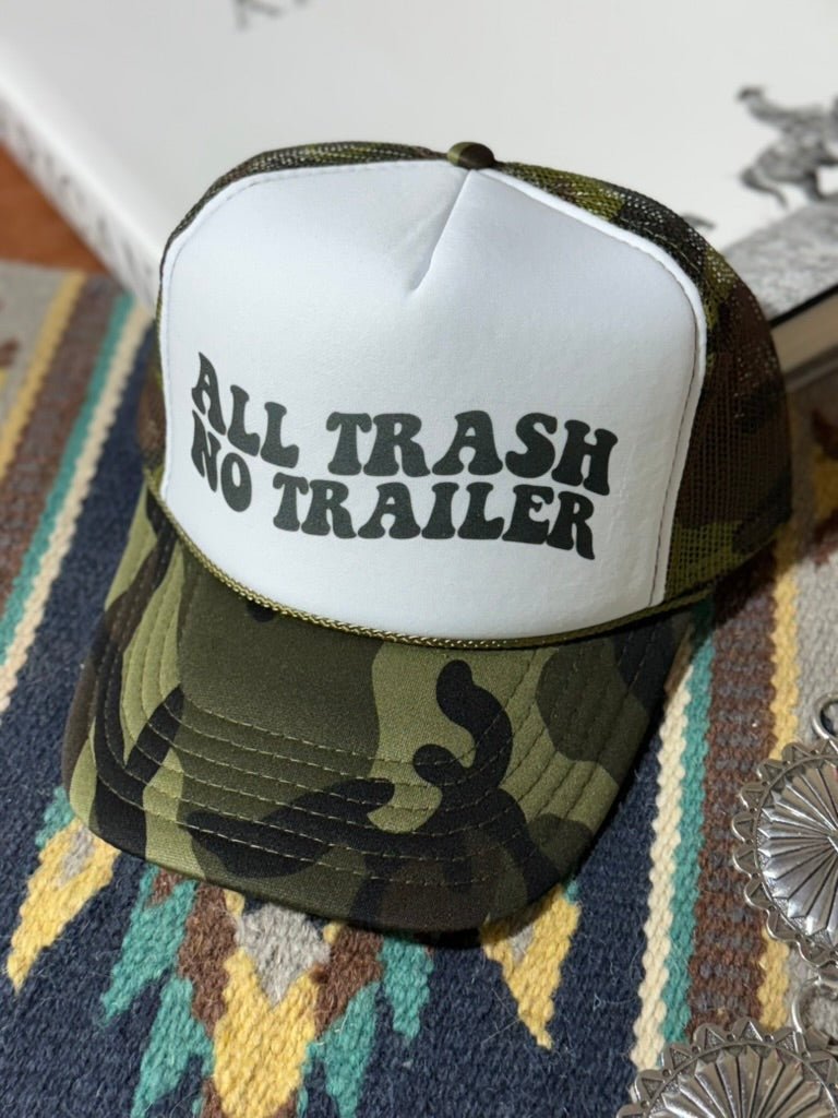 Wild Junkie All Trash No Trailer Camo Trucker Hat — hats category context