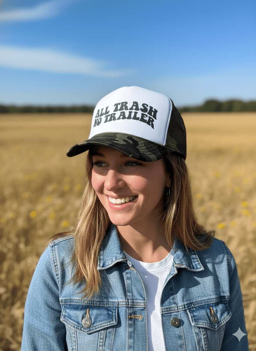 Wild Junkie All Trash No Trailer Camo Trucker Hat — construction detail