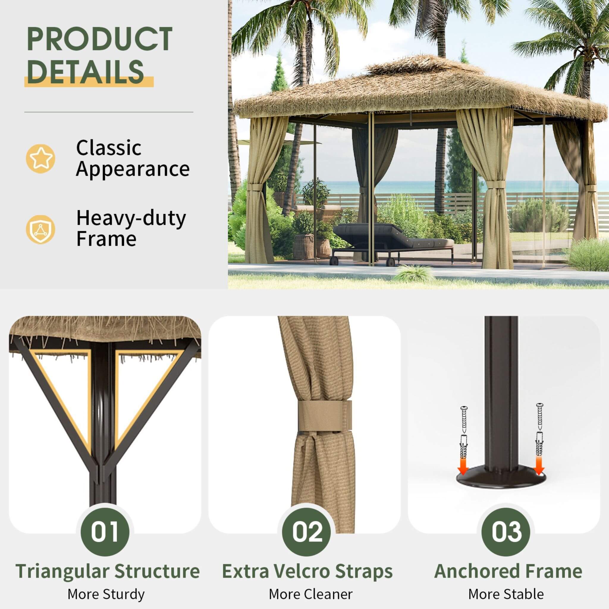 Alora Outdoor Double Canopy Aluminum Patio Gazebo With Hawaiian Thatch Roof (SAK39068) – SAKSBY WHOLESALE, view 6