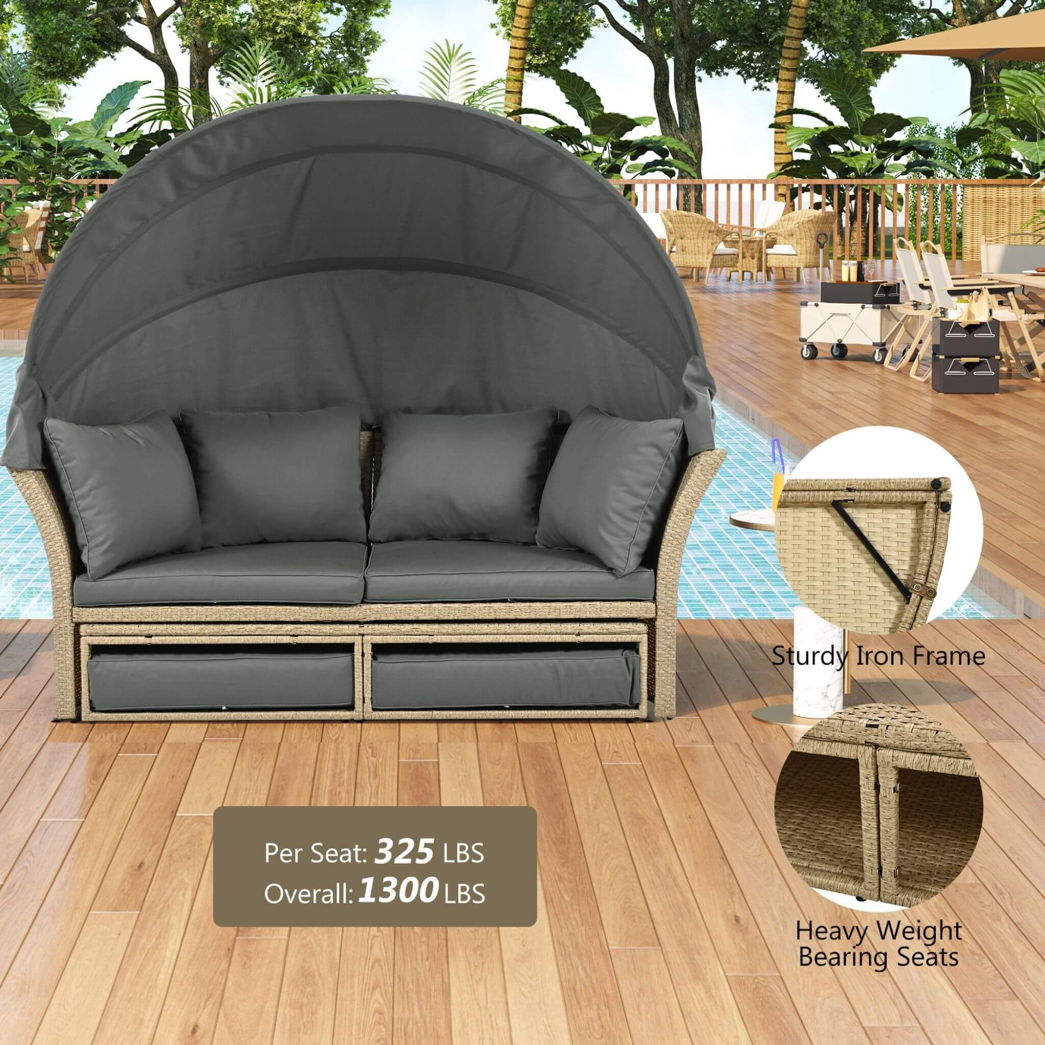 Alora Premium Outdoor Garden Wicker Rattan Patio Daybed With Retractable Canopy (SAK43581) – SAKSBY WHOLESALE, view 10