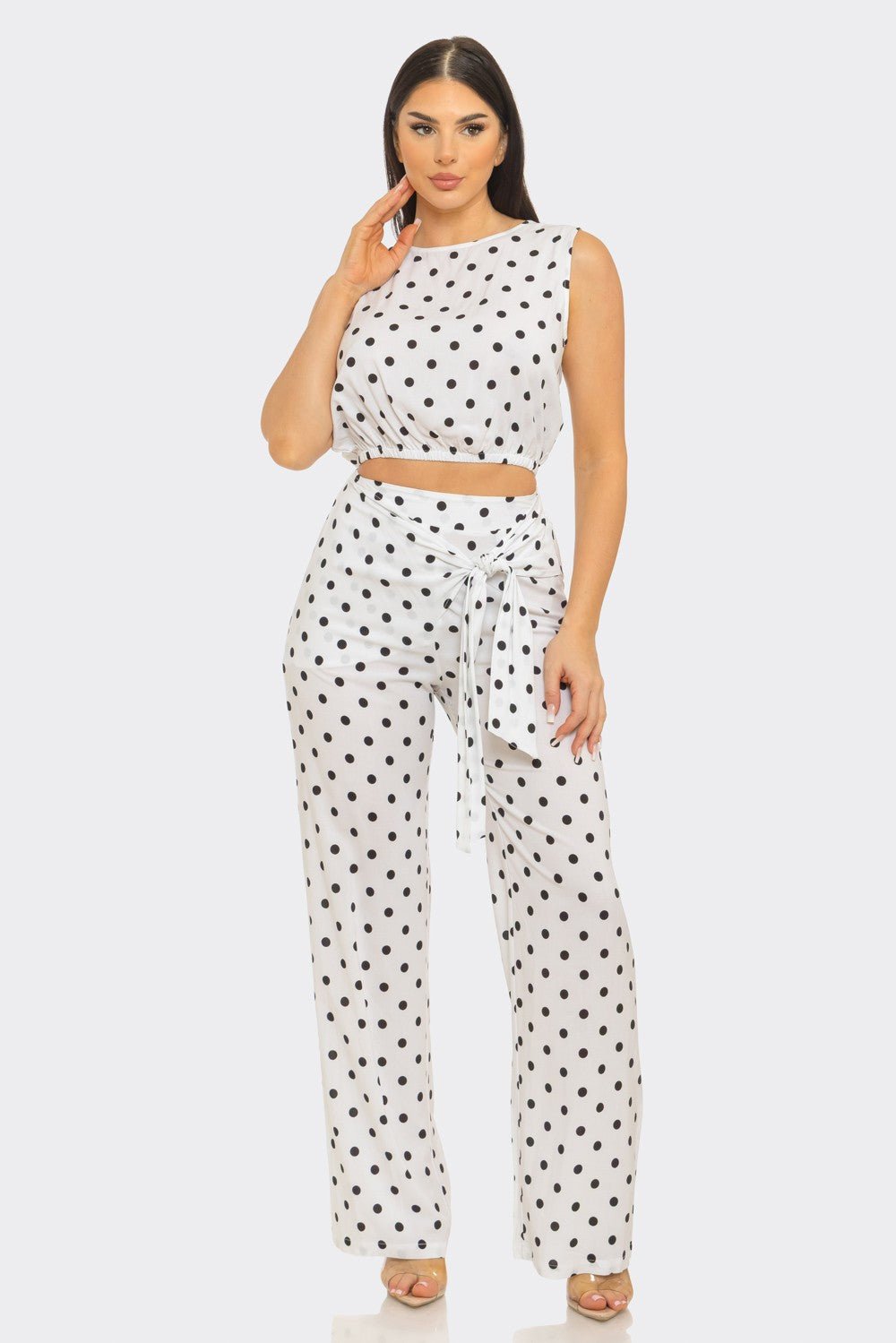 Amalfi Polka Dot Belted Flare Pants Set – Vacation & Brunch Outfit Set for Women