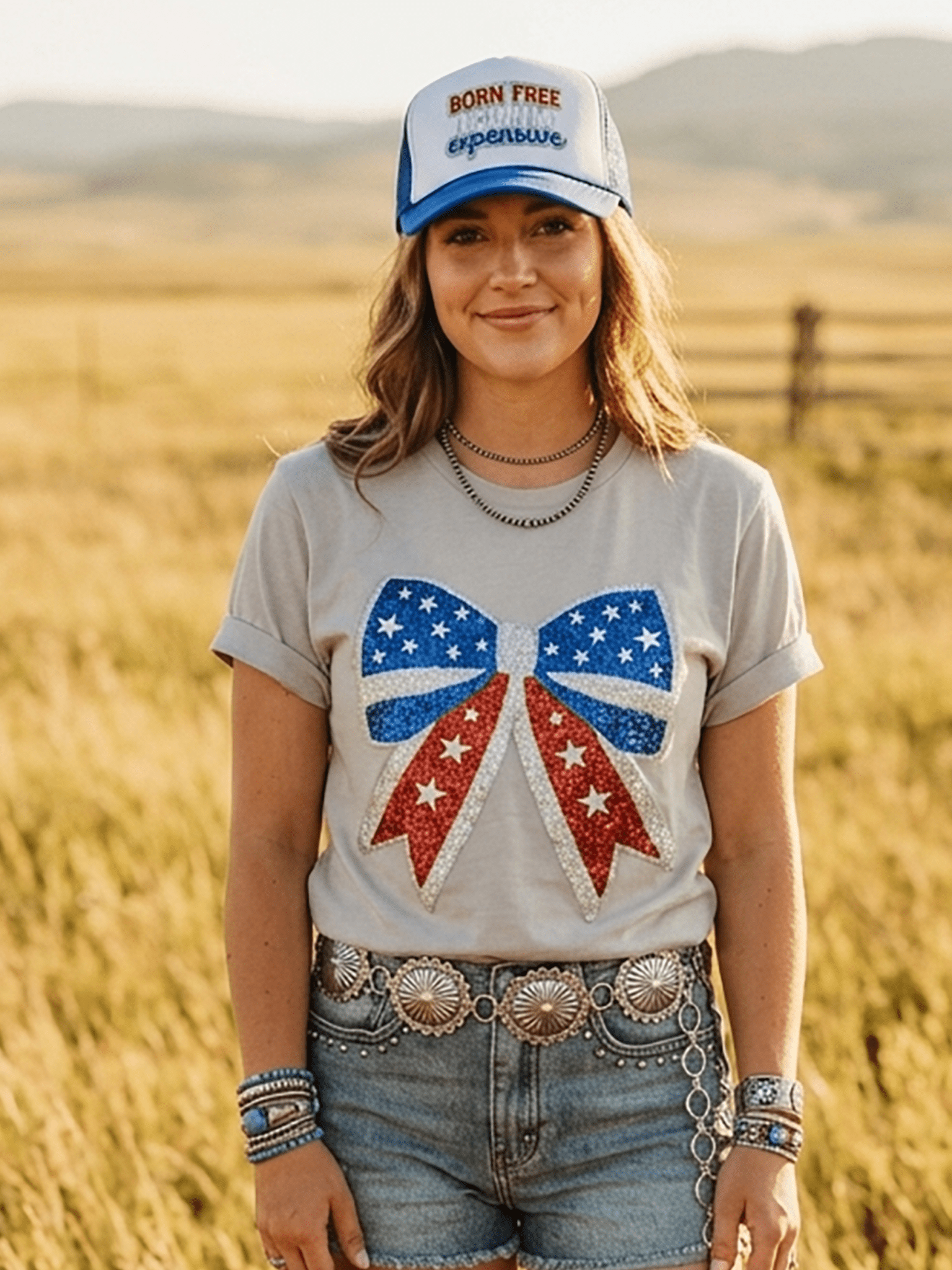 Wild Junkie Americana Patriotic Bow Sequin Patch Tee — construction detail