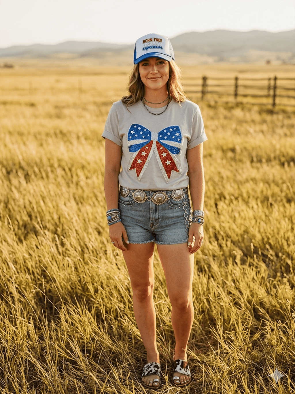 Wild Junkie Americana Patriotic Bow Sequin Patch Tee — Wild Junkie branding close-up