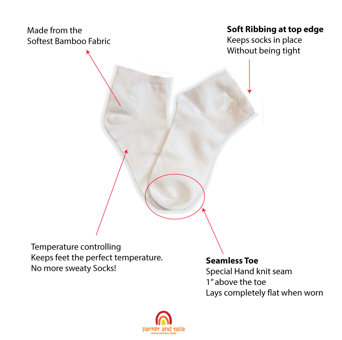 ParkerandTalia SmoothToe™ Ankle Socks – 5 Pack (Multi Color) — sensory-friendly socks — detail view