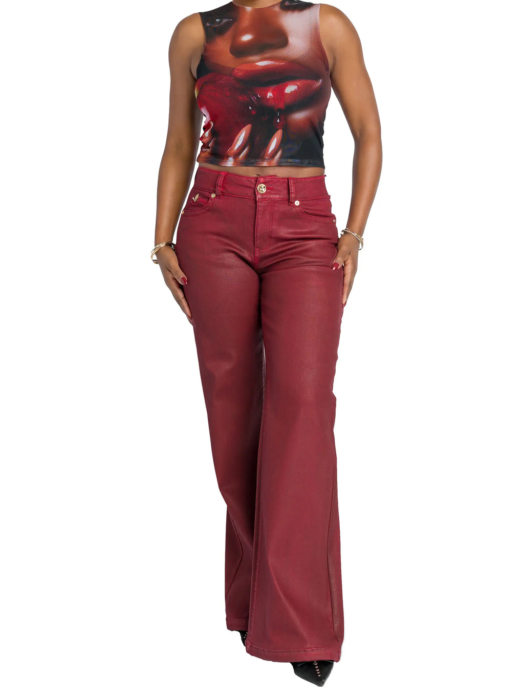 Apple Bottom Jeans Low-Rise Wide-Leg Jean - Red Delicious — detail and construction