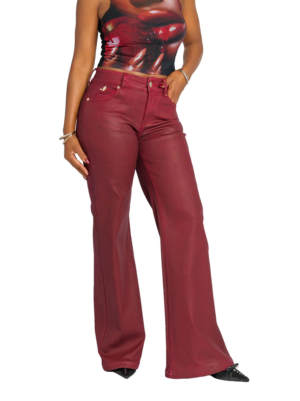 Apple Bottom Jeans Low-Rise Wide-Leg Jean - Red Delicious — texture detail