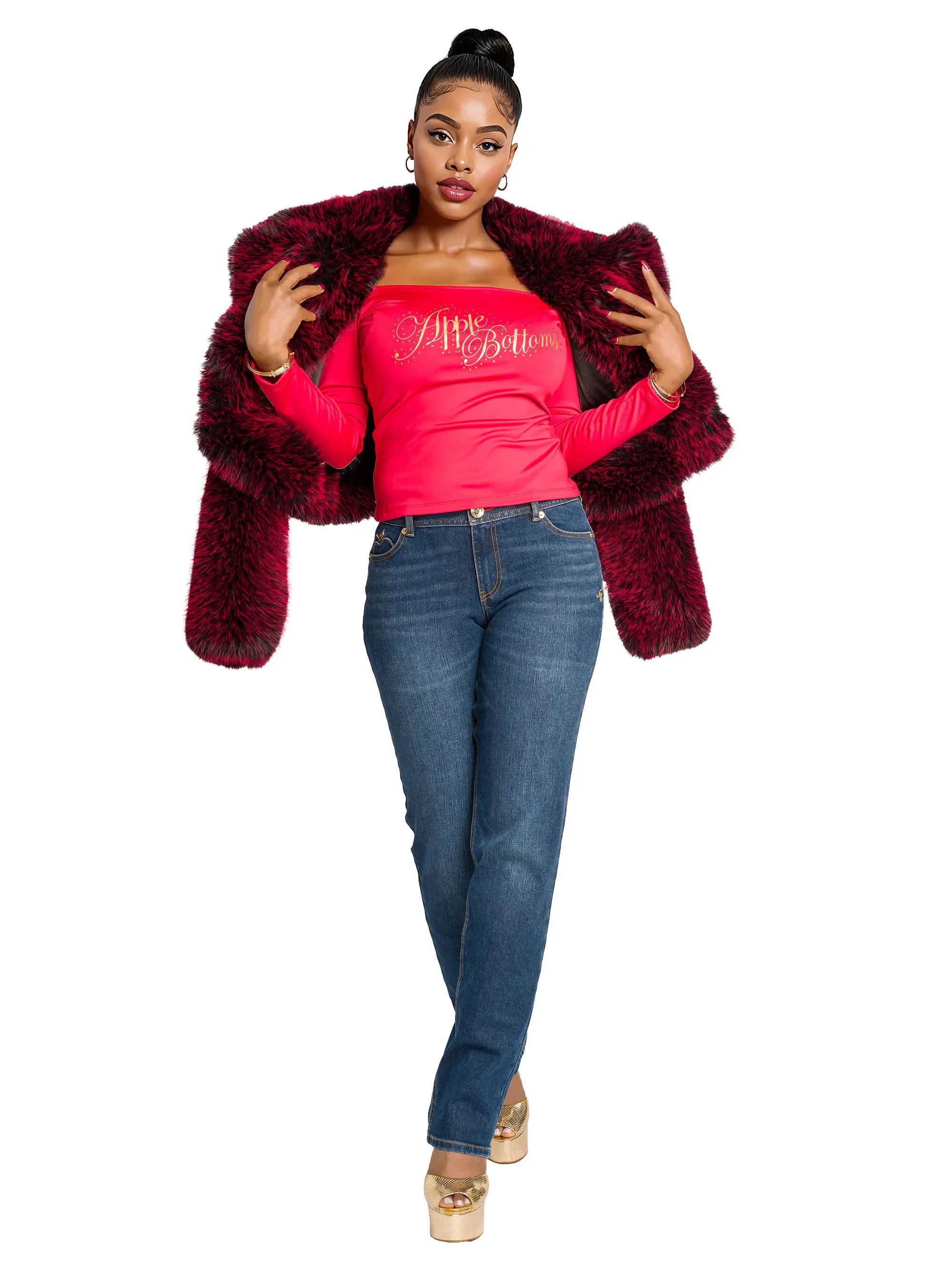 Apple Bottom Jeans Y2K Fur Jacket - Red Delicious — in-use context