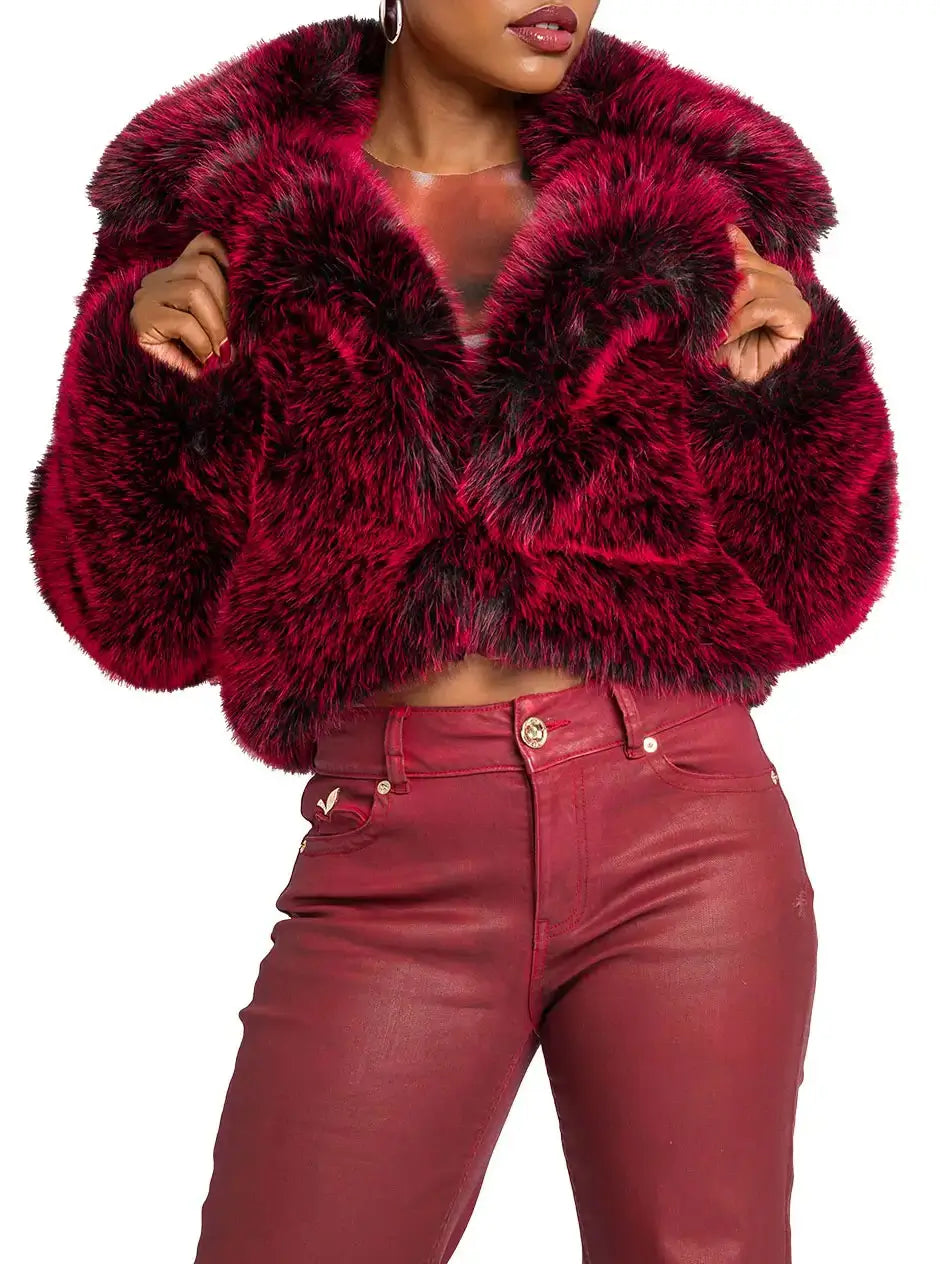 Apple Bottom Jeans Y2K Fur Jacket - Red Delicious — scale reference