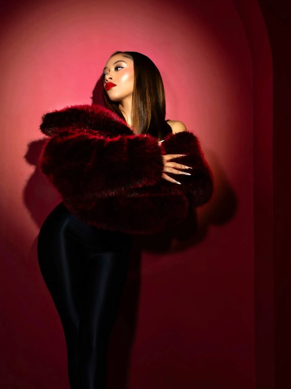 Apple Bottom Jeans Y2K Fur Jacket - Red Delicious — branding close-up