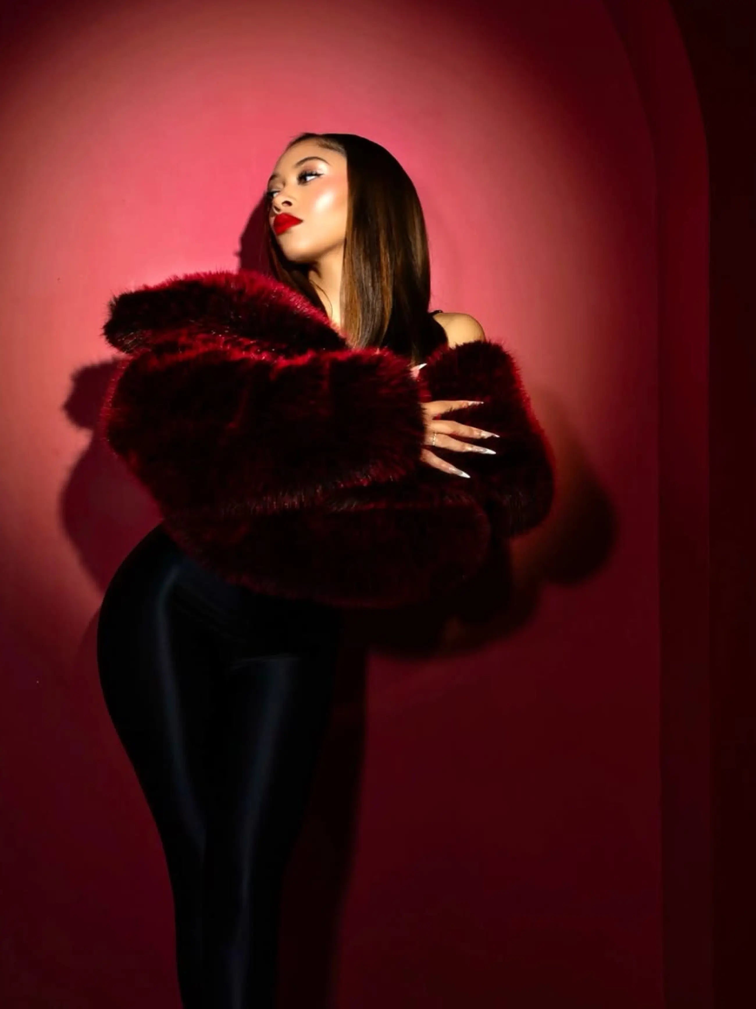 Apple Bottom Jeans Y2K Fur Jacket - Red Delicious — branding close-up