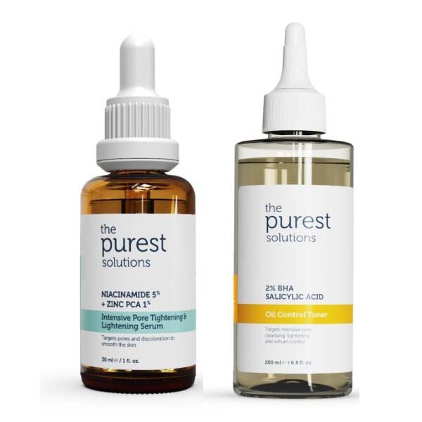 The Purest Solutions Skincare Set for Oily Skin - Pore Tightening Serum & Oil Control Toner with Niacinamide & Salicylic Acid