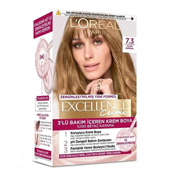 L'OrŽal Paris Excellence Creme Hair Dye - Hydrating, Long-Lasting Color with Hyaluronic Acid - Golden Brown 7.3