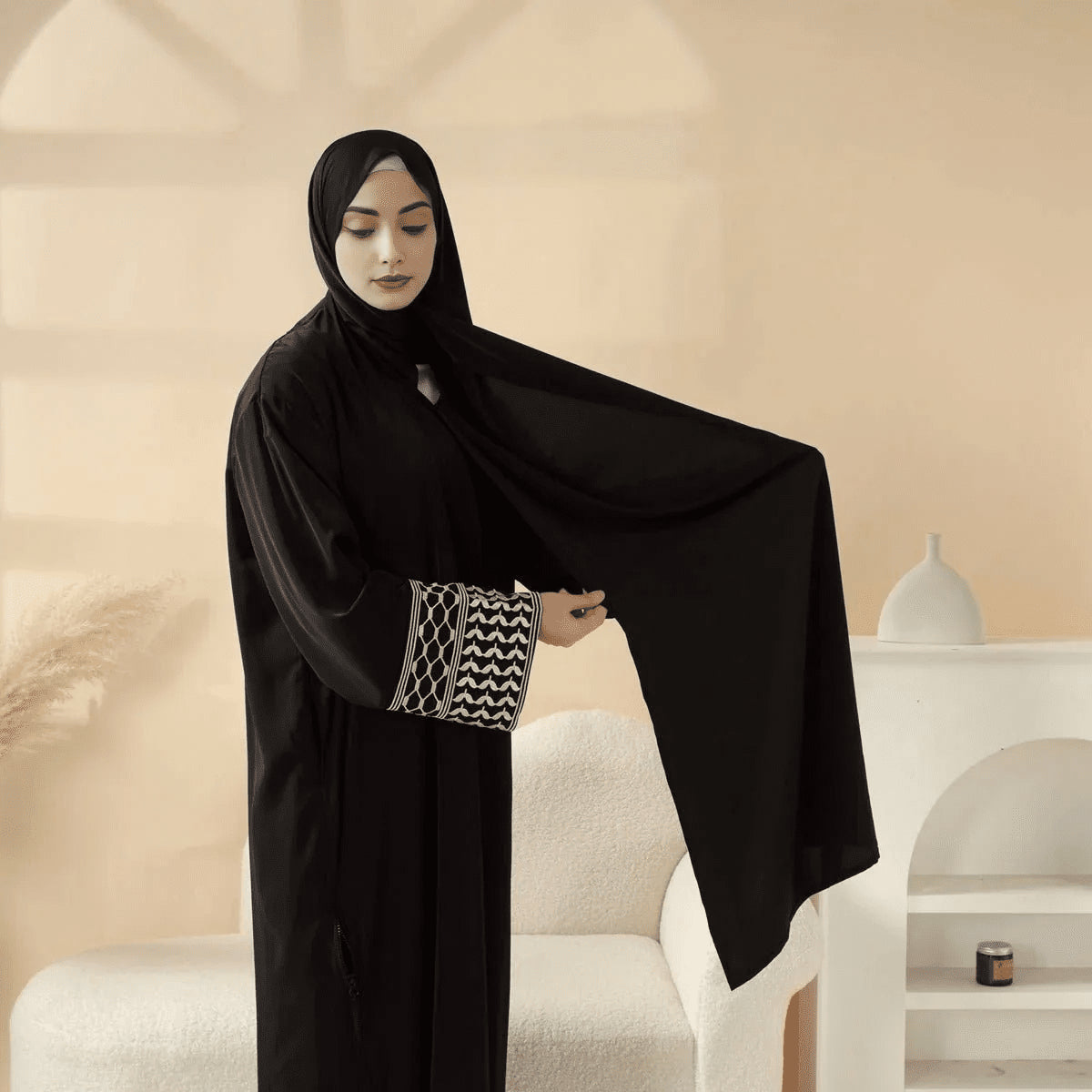 Archive Piece Keffiyeh-Embroidered Cuff Integrated Hijab Prayer Abaya - MP050 (Size Free Size Only)