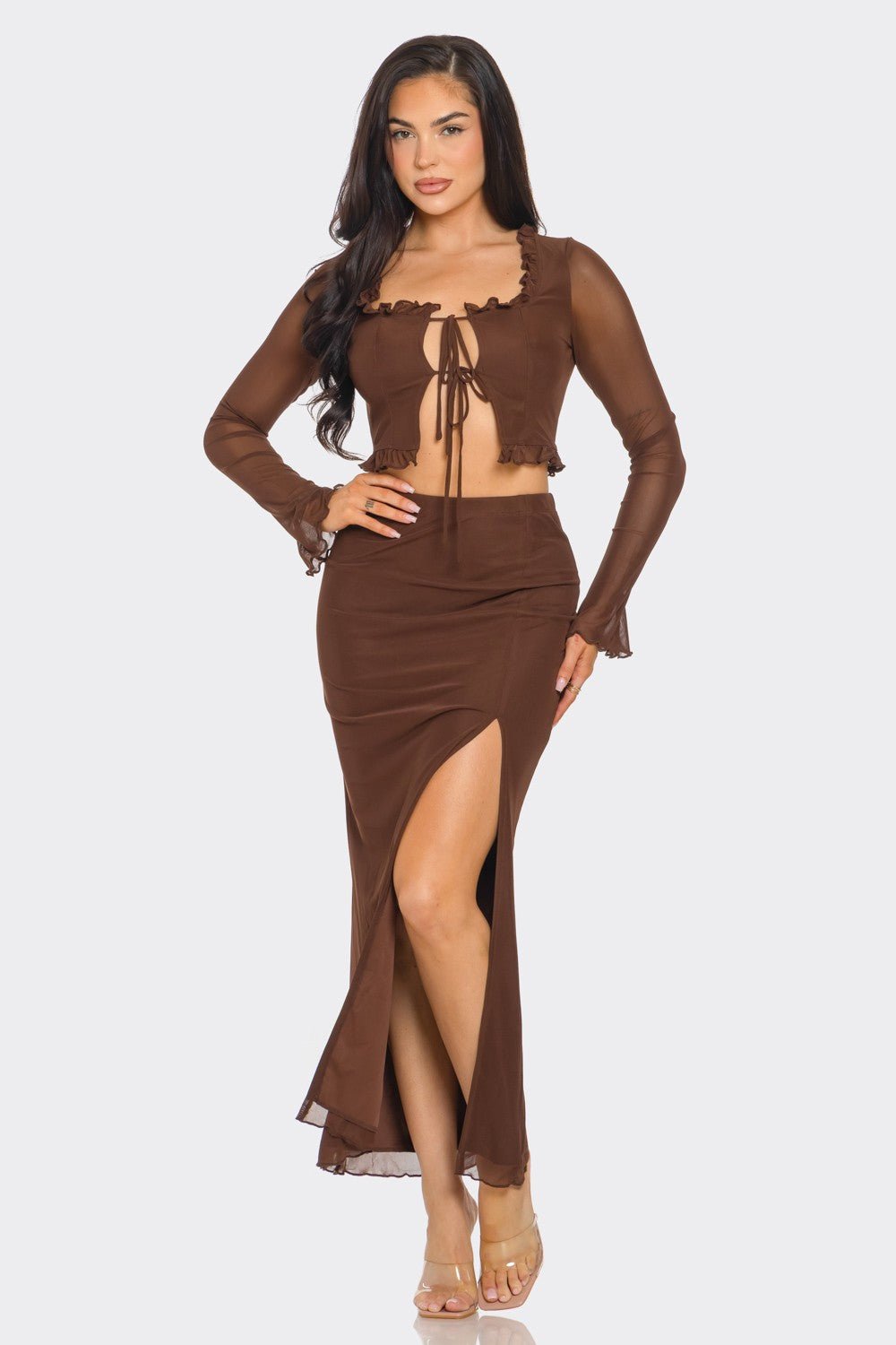 Aria Tie Front Long Sleeve Top &amp; Maxi Skirt Set – Sexy Two-Piece Outfit