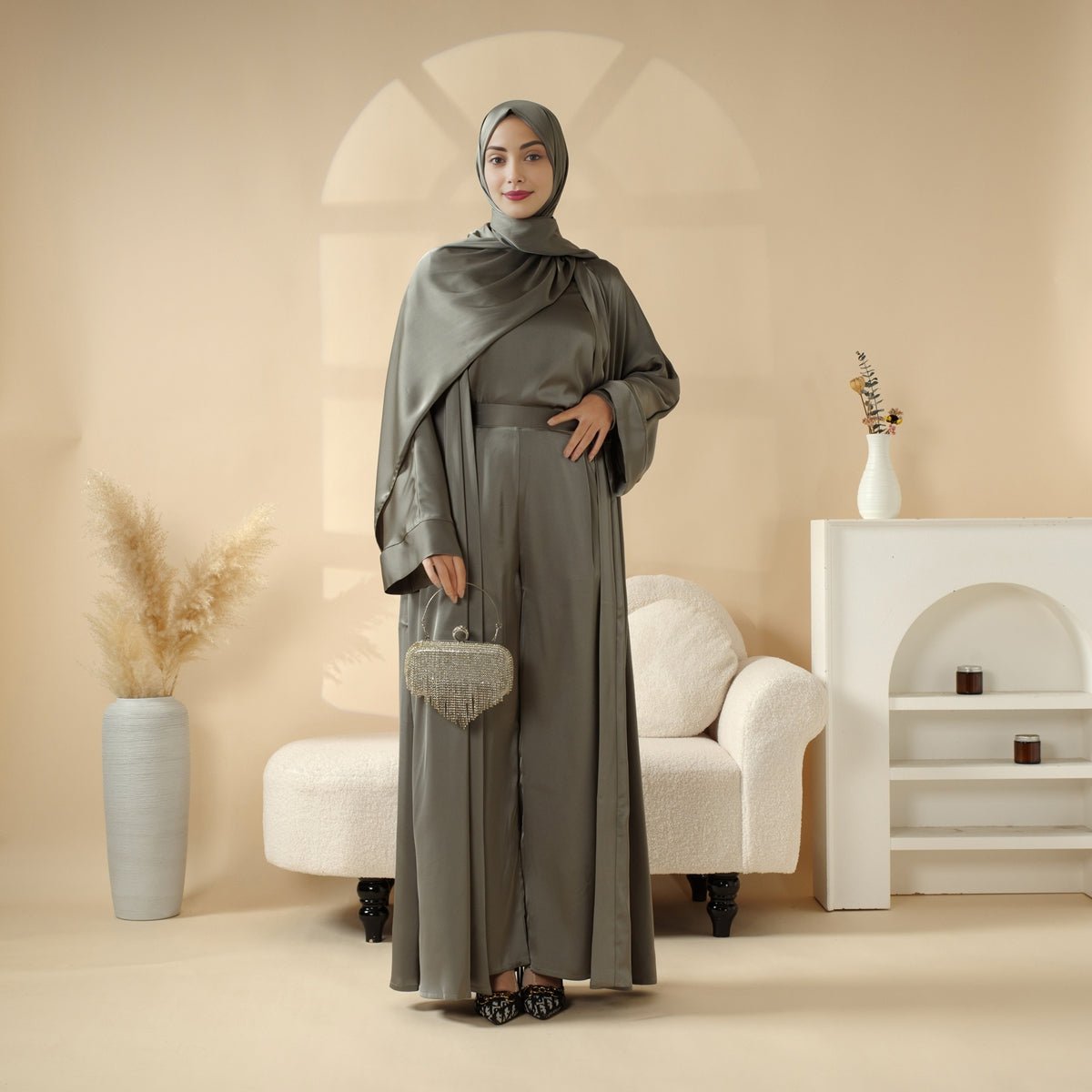 Mariam's Collection Luxury Satin Modest Abaya Set 4-Piece – Elegant Open Abaya, Top, Pants & Matching Hijab(MOA034) — product category context