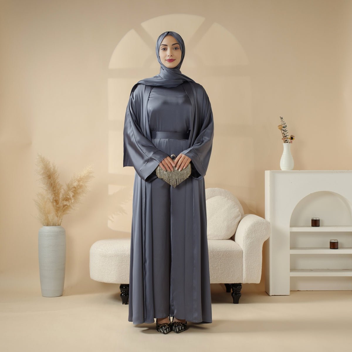Mariam's Collection Luxury Satin Modest Abaya Set 4-Piece – Elegant Open Abaya, Top, Pants & Matching Hijab(MOA034) — construction detail