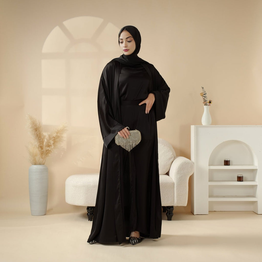 Mariam's Collection Luxury Satin Modest Abaya Set 4-Piece – Elegant Open Abaya, Top, Pants & Matching Hijab(MOA034) — lifestyle worn / used context
