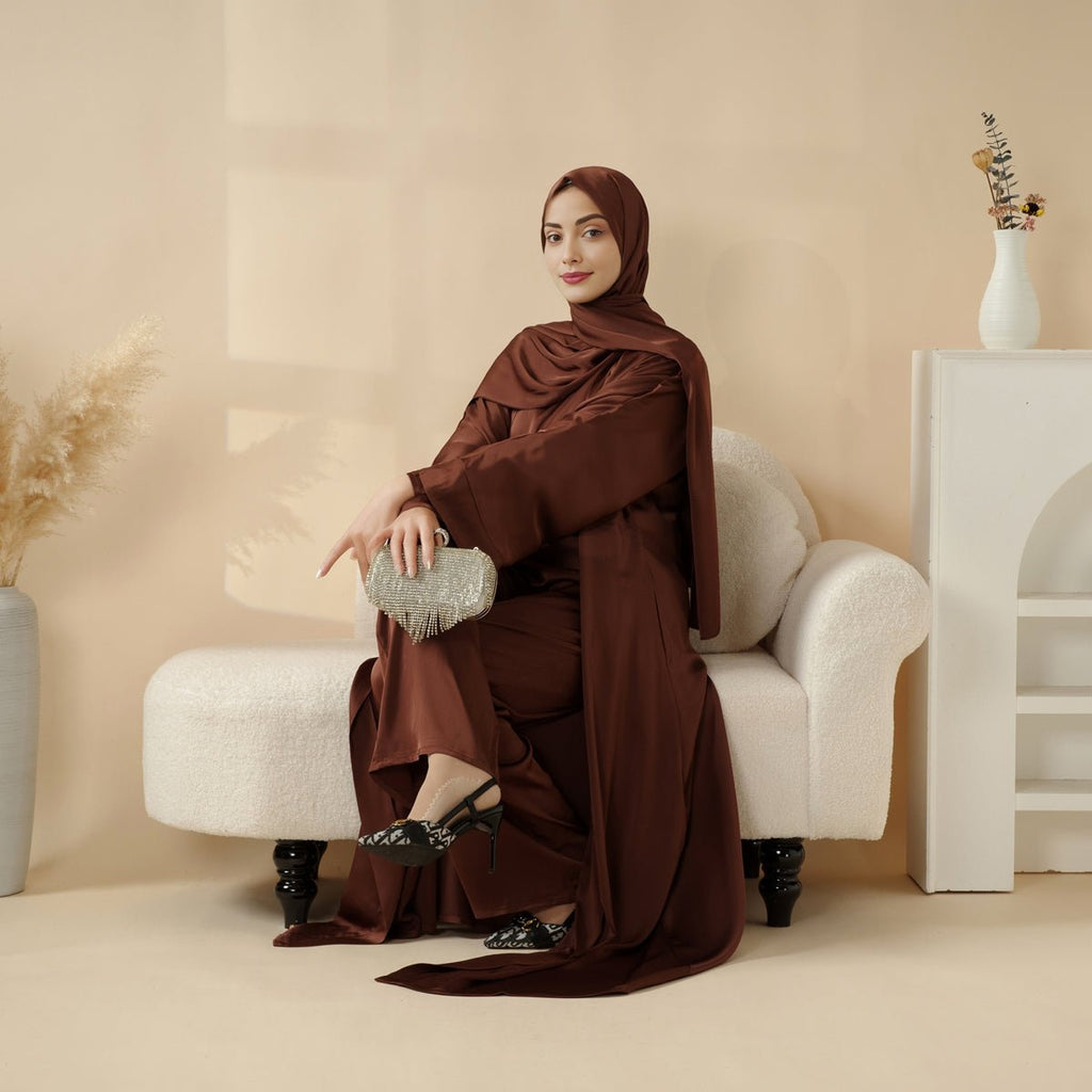 Mariam's Collection Luxury Satin Modest Abaya Set 4-Piece – Elegant Open Abaya, Top, Pants & Matching Hijab(MOA034) — Mariam's Collection branding close-up