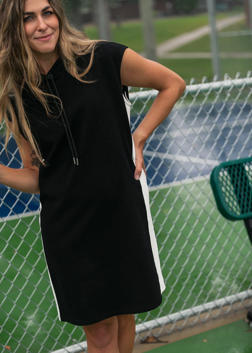 Inherit Co. Asher Hooded Sweatshirt Dress — detail close-up