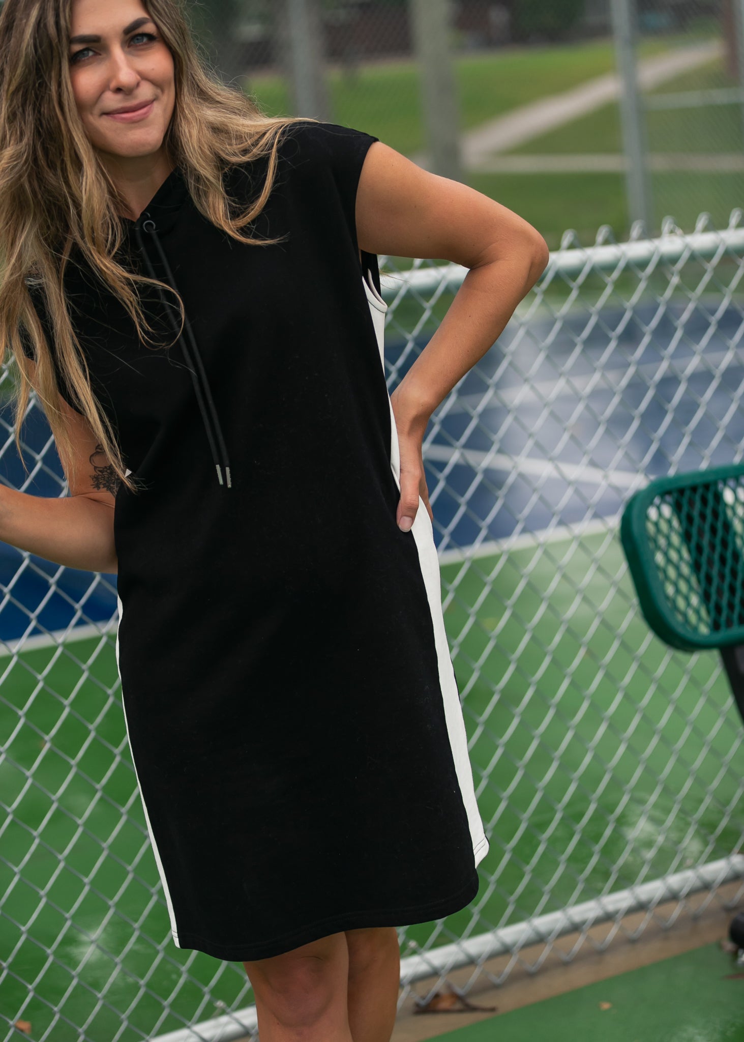 Inherit Co. Asher Hooded Sweatshirt Dress — detail close-up