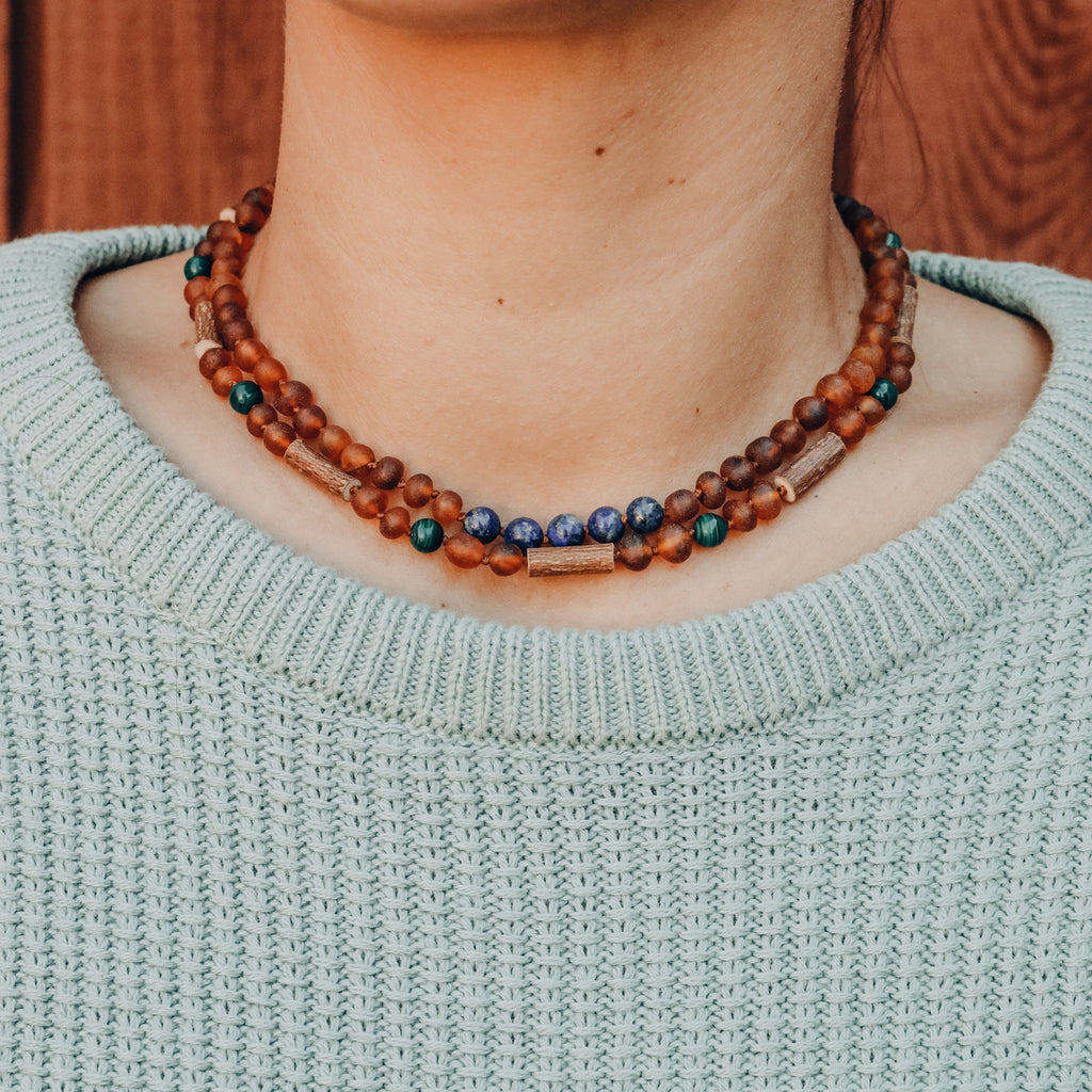 CanyonLeaf Raw Cognac Baltic Amber + Lapis Stone Necklace — detail close-up