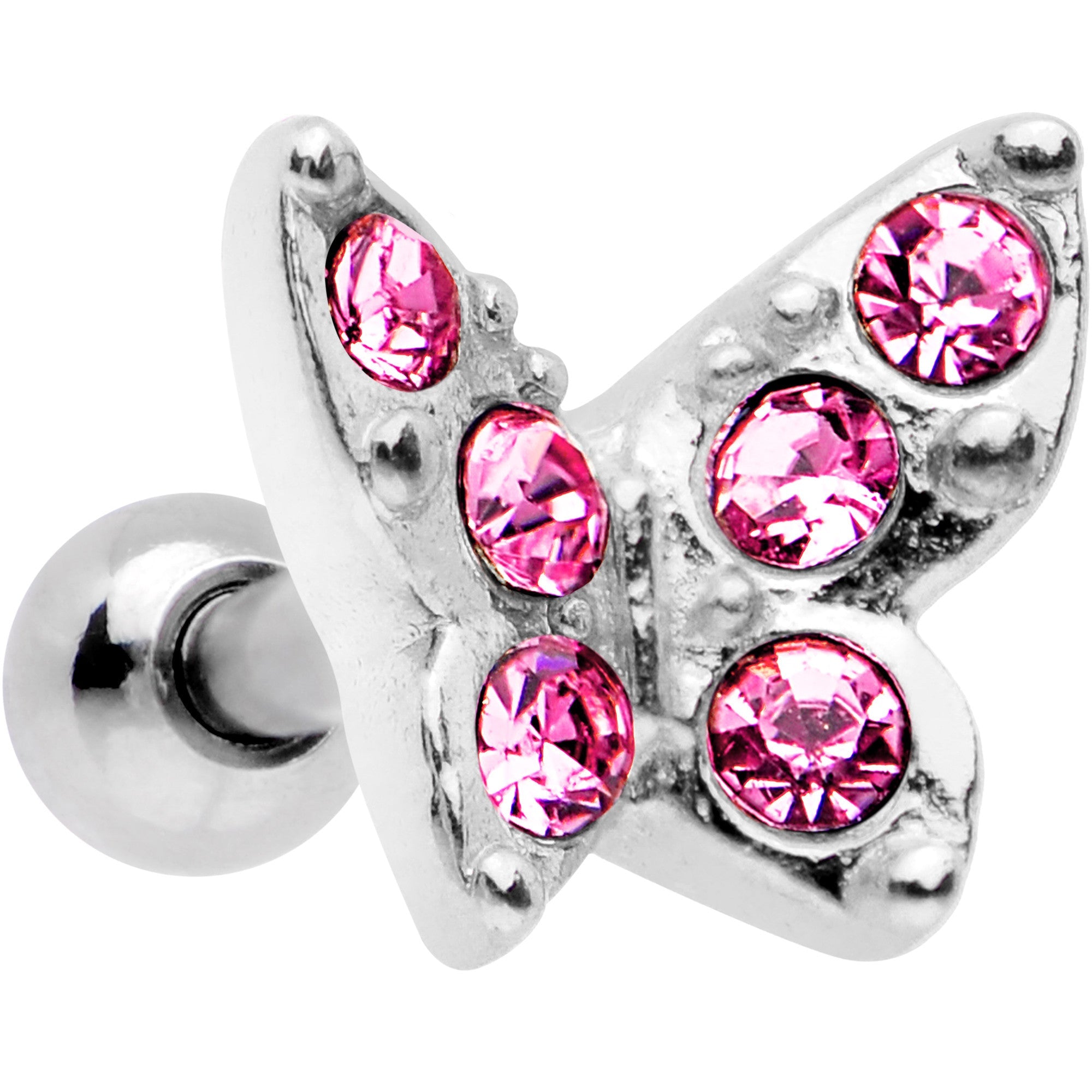 BodyCandy 16G Pink Gem Silver Tone Butterfly Tragus Cartilage Earring — main product shot