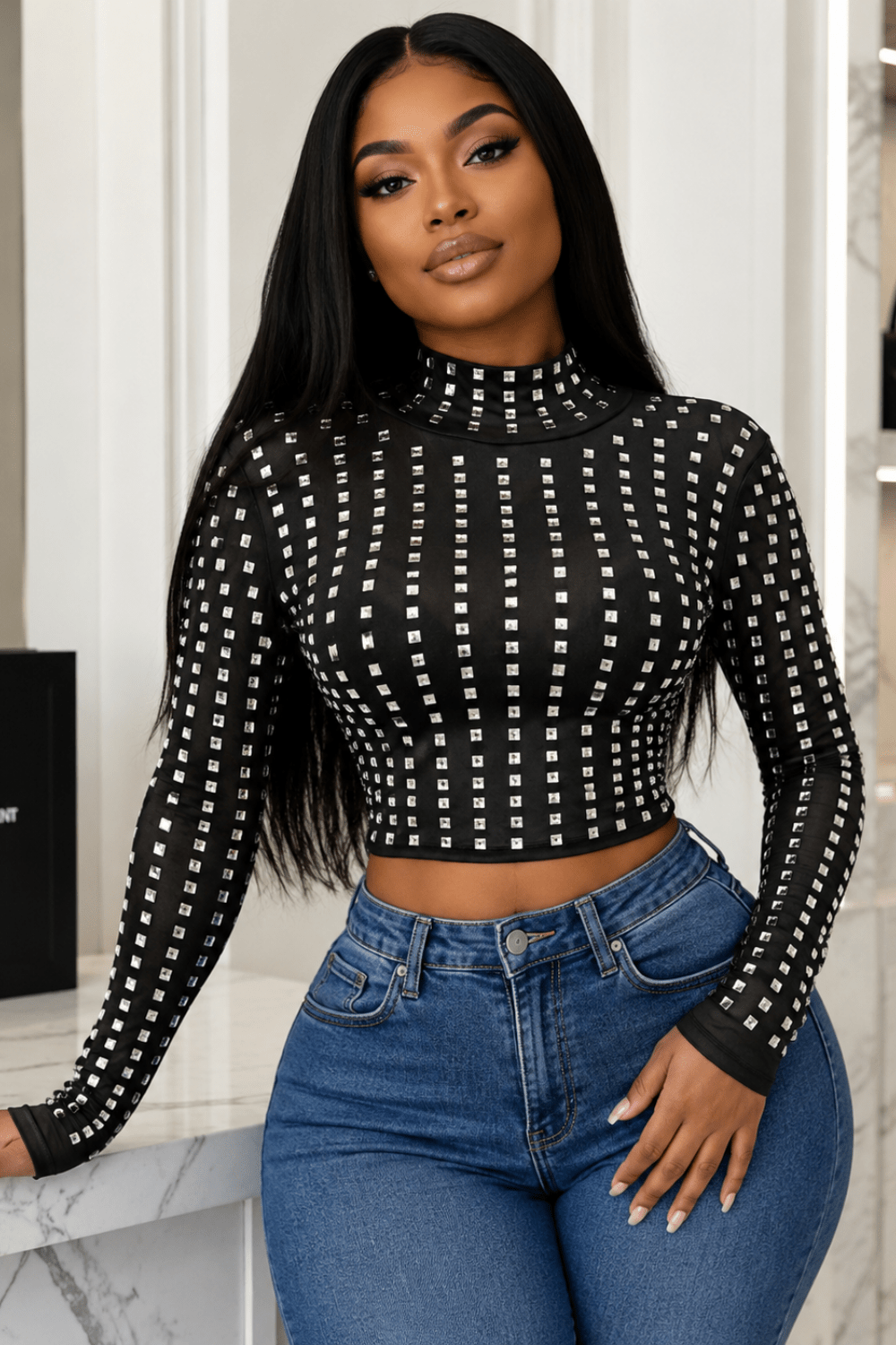 Astrid Noir Crystal Embellished Long Sleeve Mock Neck Top