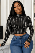 Astrid Noir Crystal Embellished Long Sleeve Mock Neck Top