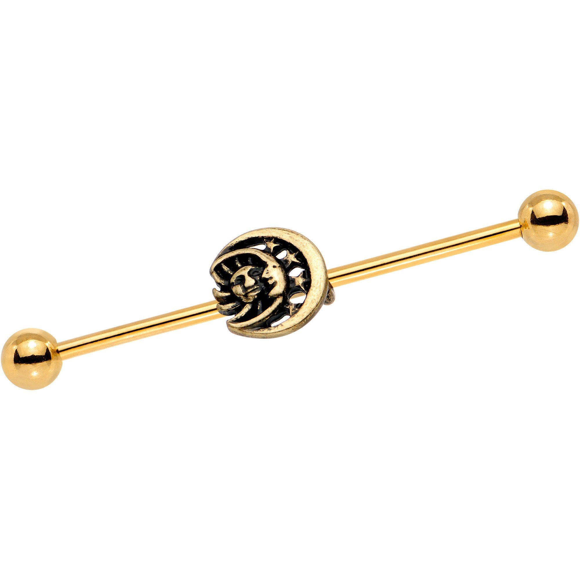 BodyCandy Gold PVD Sun of the Moon Industrial Barbell 38mm — detail and construction