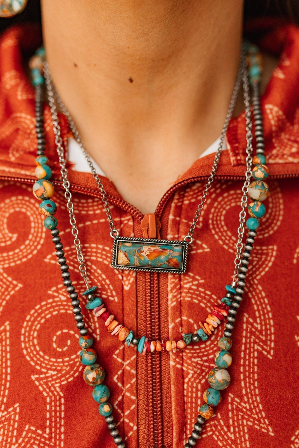 Wild Junkie Authentic Spiny Oyster Chip Bead Necklace — lifestyle worn / used context