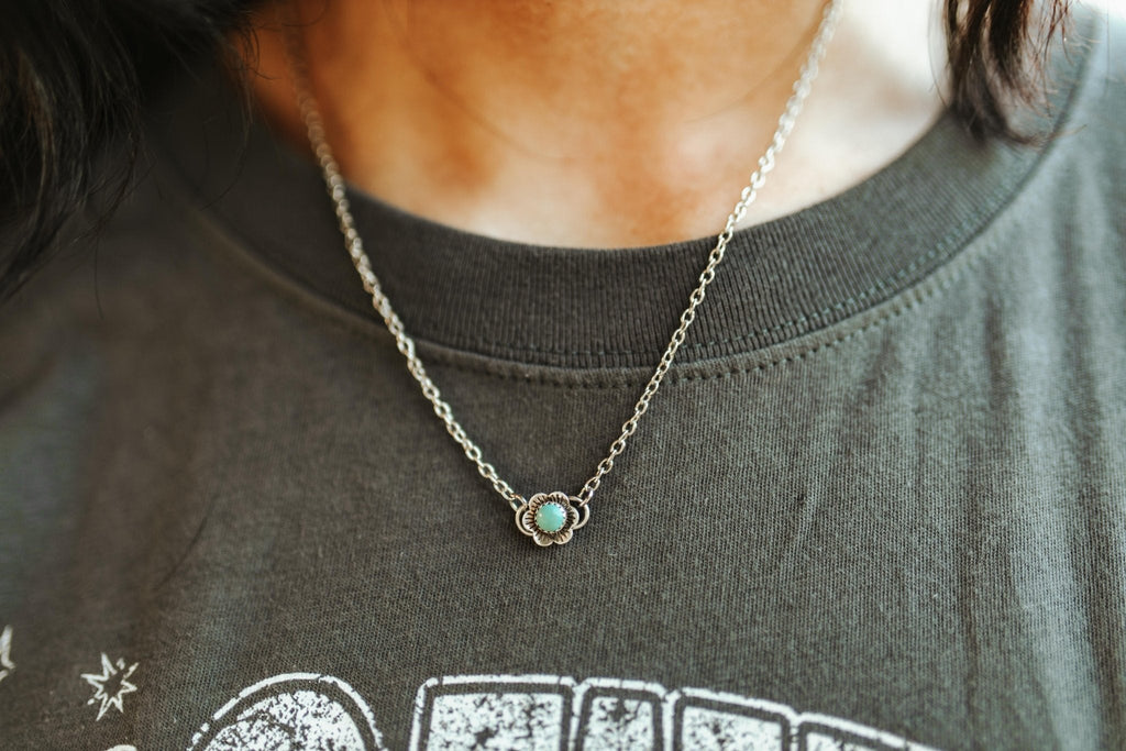 Wild Junkie Authentic Turquoise Flower Necklace — detail close-up