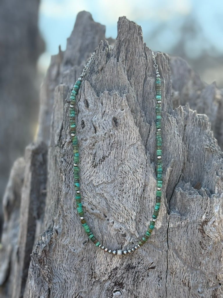 Wild Junkie Authentic Turquoise Heishi Beaded Choker — detail close-up