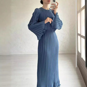 Autumn New Pleated Flared Sleeve Wedding Guest  Dress Abaya with Belt(MA193)