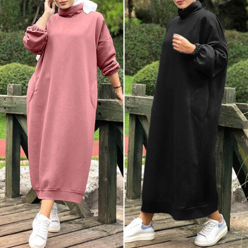 Autumn Winter  Lined Turtleneck Maxi Dress | Casual Sweatshirt Dress with Elastic Cuffs (MS138)