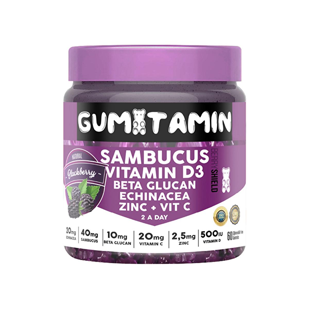 Gumitamin Multivitamin Gummies for Immune Support - Sambucus, Vitamin C & D3, Zinc - Natural Blackberry Flavor