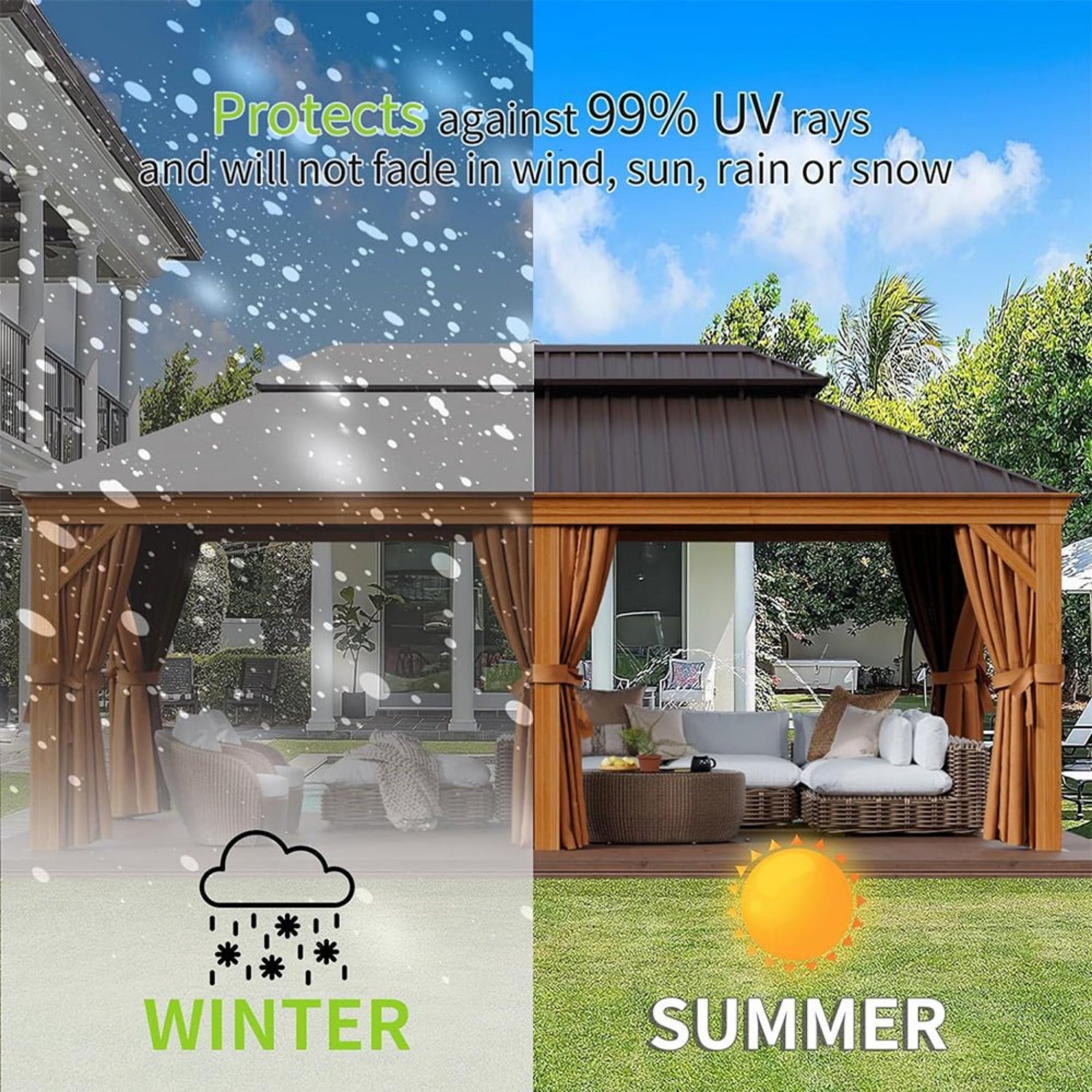 [12X20FT] Alora Premium Large Aluminum Hardtop Gazebo W/ Netting, Privacy Curtains And Wood Grain Finish (SAK58374) – SAKSBY 