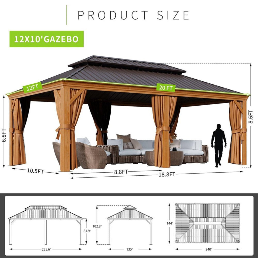 [12X20FT] Alora Premium Large Aluminum Hardtop Gazebo W/ Netting, Privacy Curtains And Wood Grain Finish (SAK58374) – SAKSBY 
