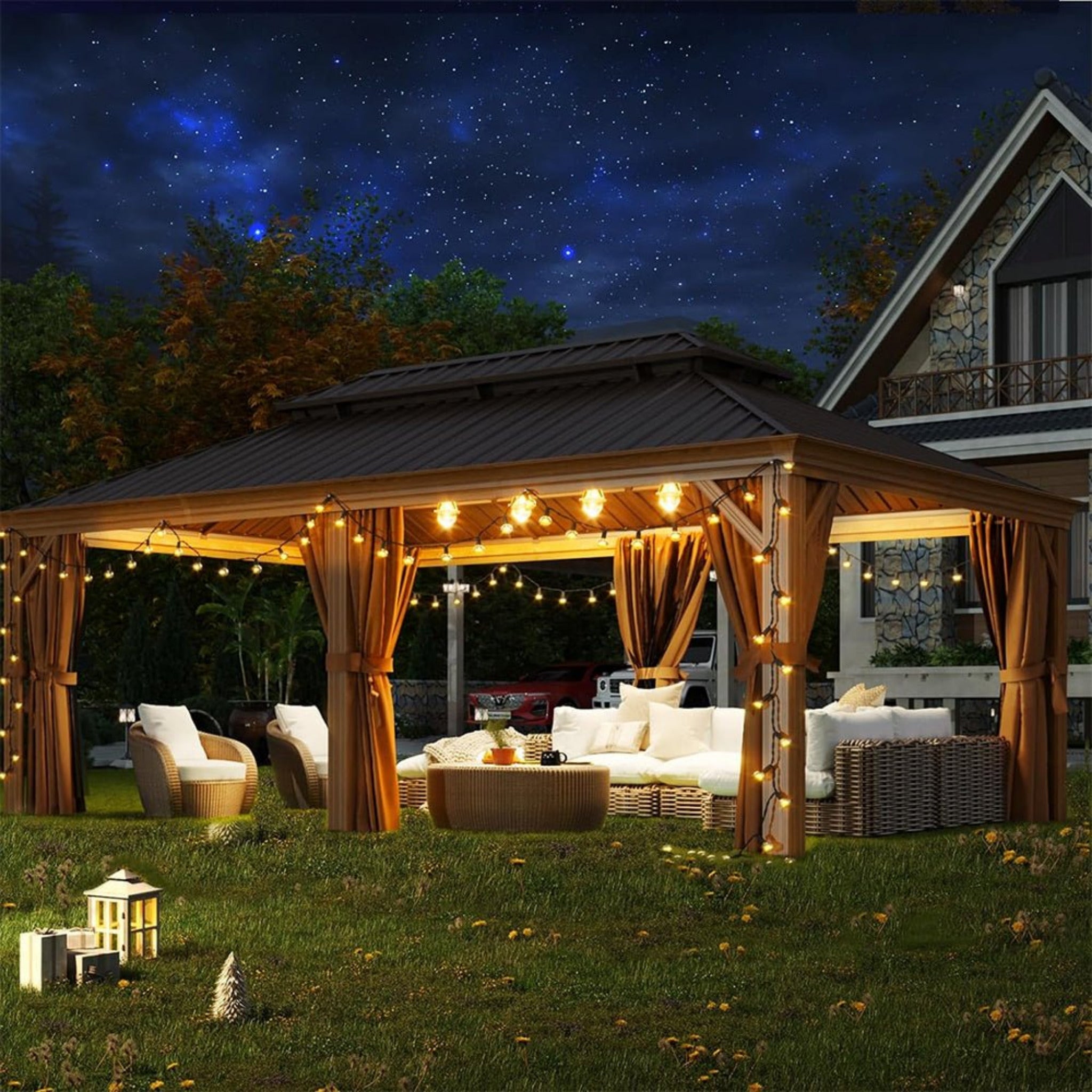 [12X20FT] Alora Premium Large Aluminum Hardtop Gazebo W/ Netting, Privacy Curtains And Wood Grain Finish (SAK58374) – SAKSBY 