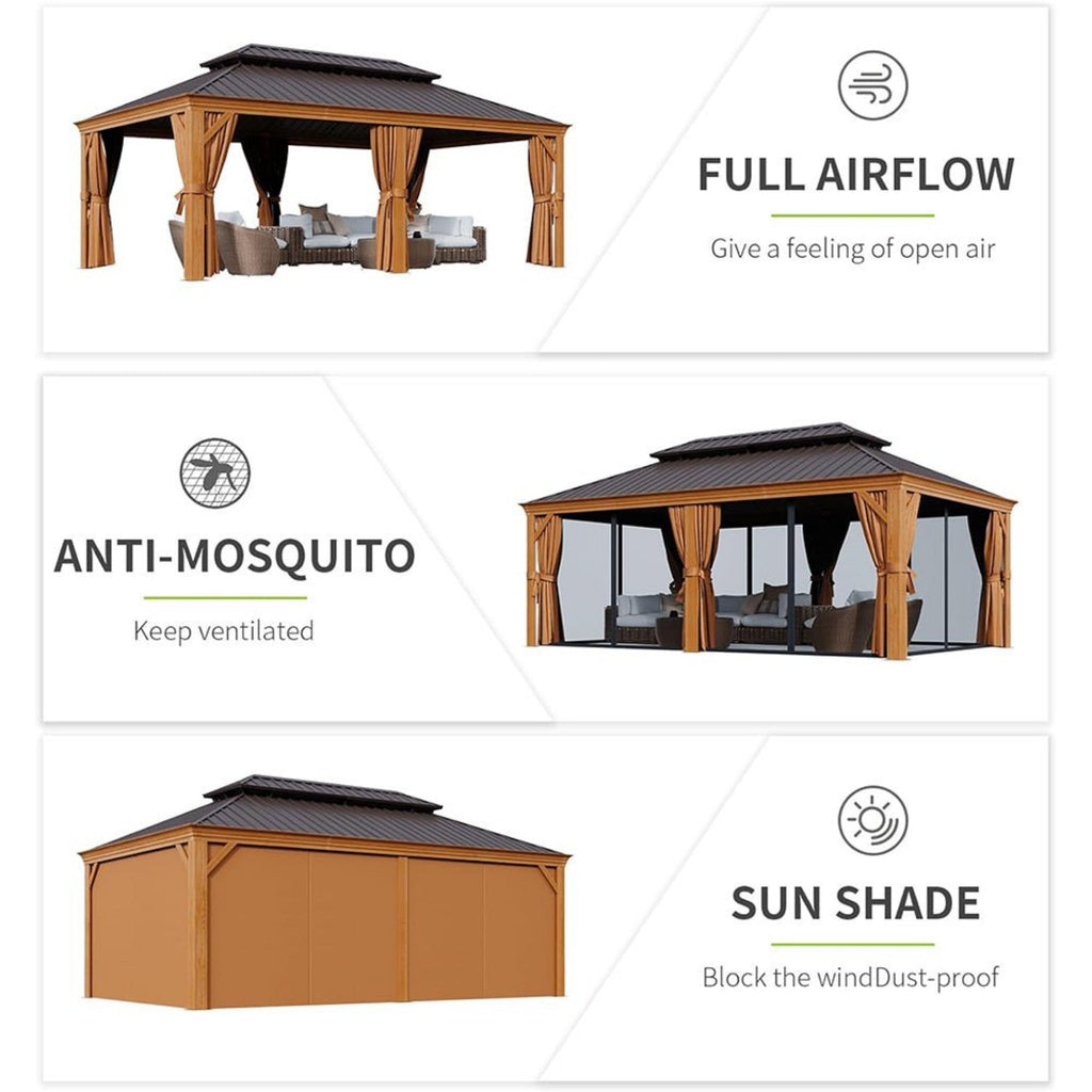 [12X20FT] Alora Premium Large Aluminum Hardtop Gazebo W/ Netting, Privacy Curtains And Wood Grain Finish (SAK58374) – SAKSBY 