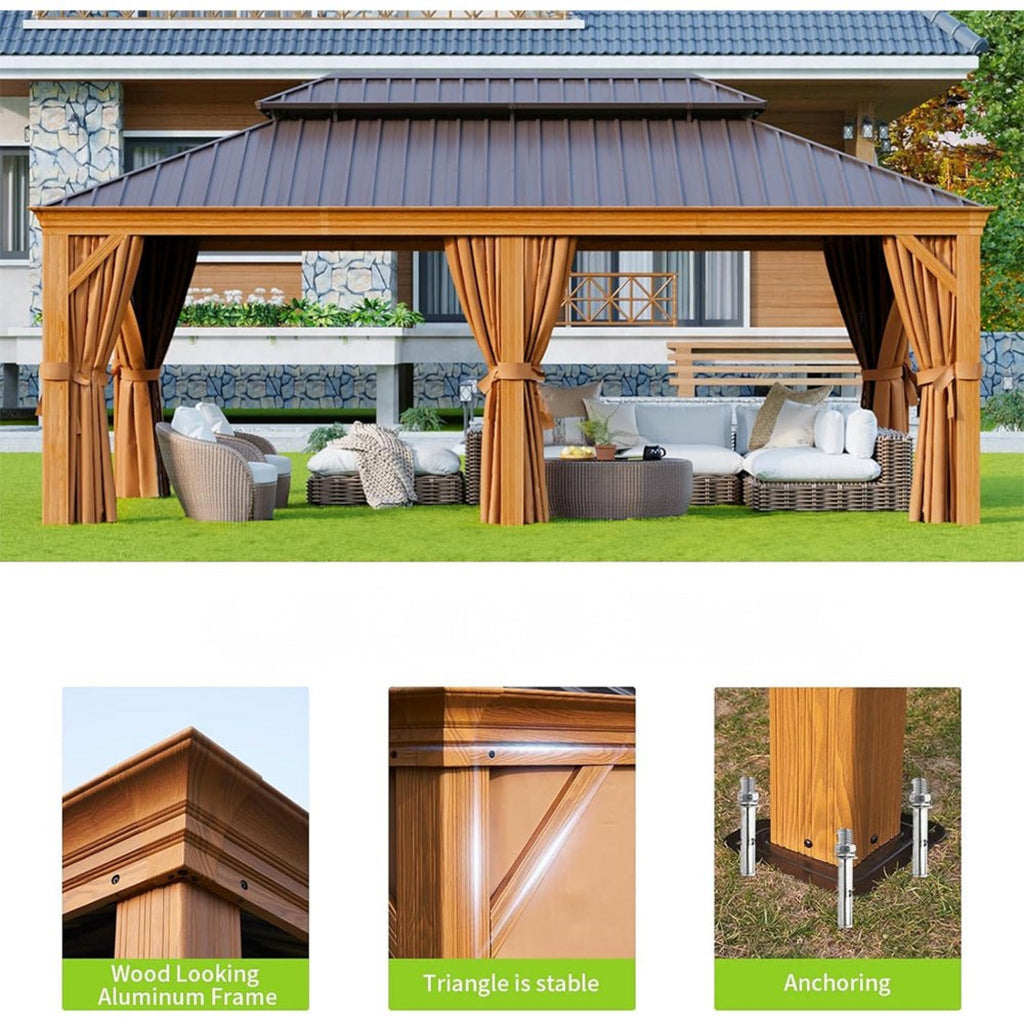 [12X20FT] Alora Premium Large Aluminum Hardtop Gazebo W/ Netting, Privacy Curtains And Wood Grain Finish (SAK58374) – SAKSBY 