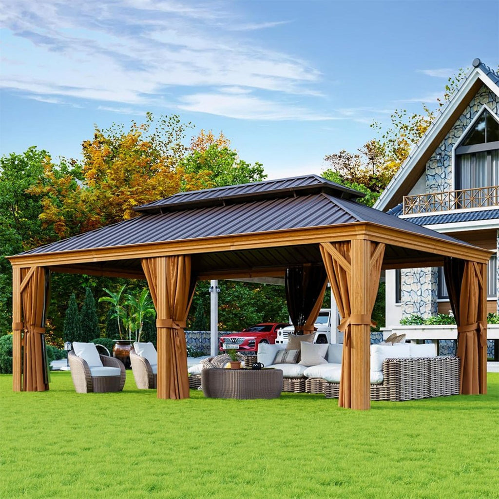 [12X20FT] Alora Premium Large Aluminum Hardtop Gazebo W/ Netting, Privacy Curtains And Wood Grain Finish (SAK58374) – SAKSBY 