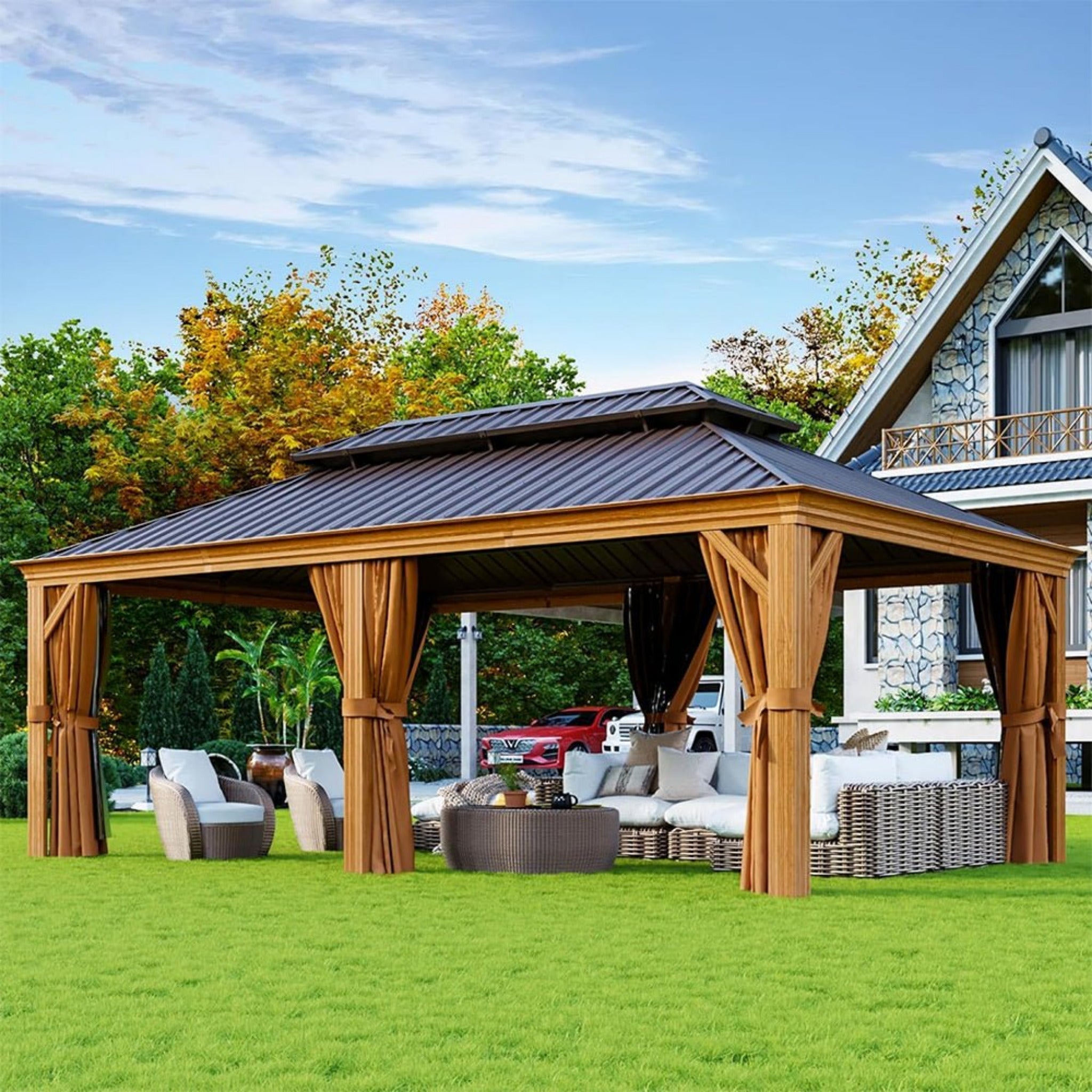 [12X20FT] Alora Premium Large Aluminum Hardtop Gazebo W/ Netting, Privacy Curtains And Wood Grain Finish (SAK58374) – SAKSBY 