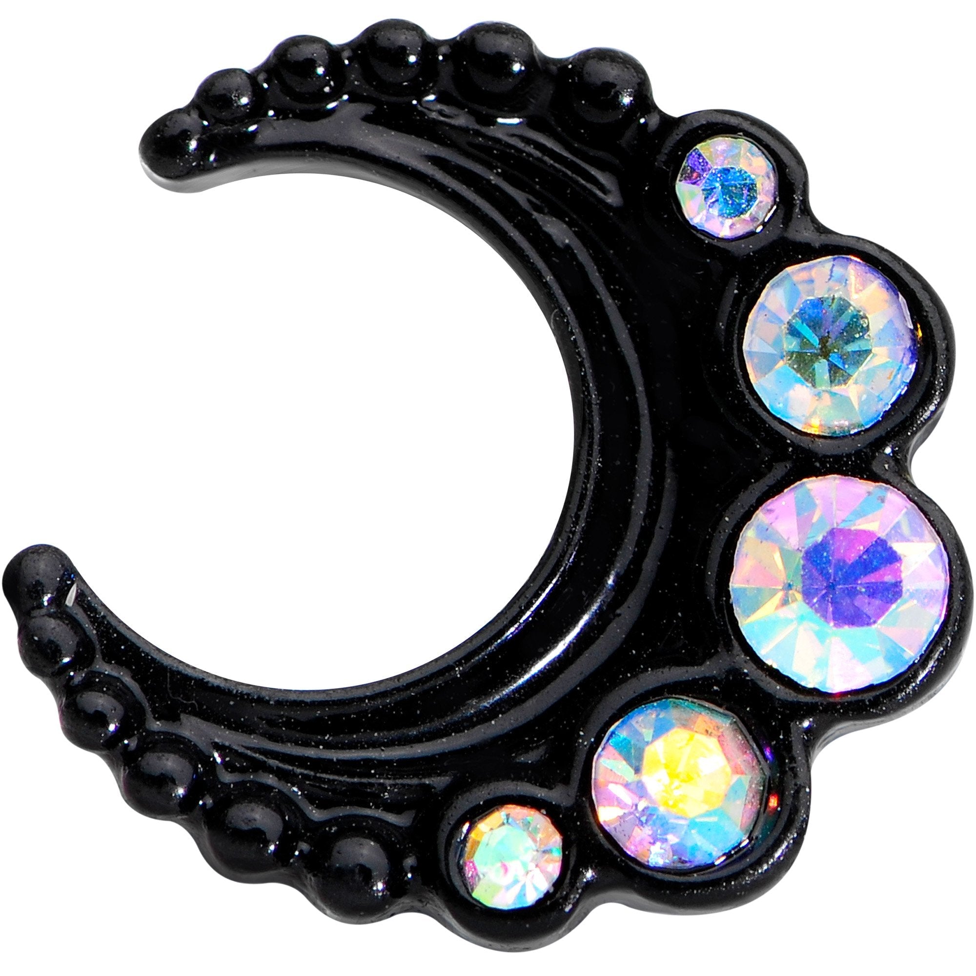BodyCandy Auora Gem Encrusted Black Crescent Moon Stud Cartilage Earring — detail close-up